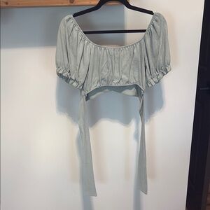 Green Puff Sleeve Crop Blouse with Tie Front